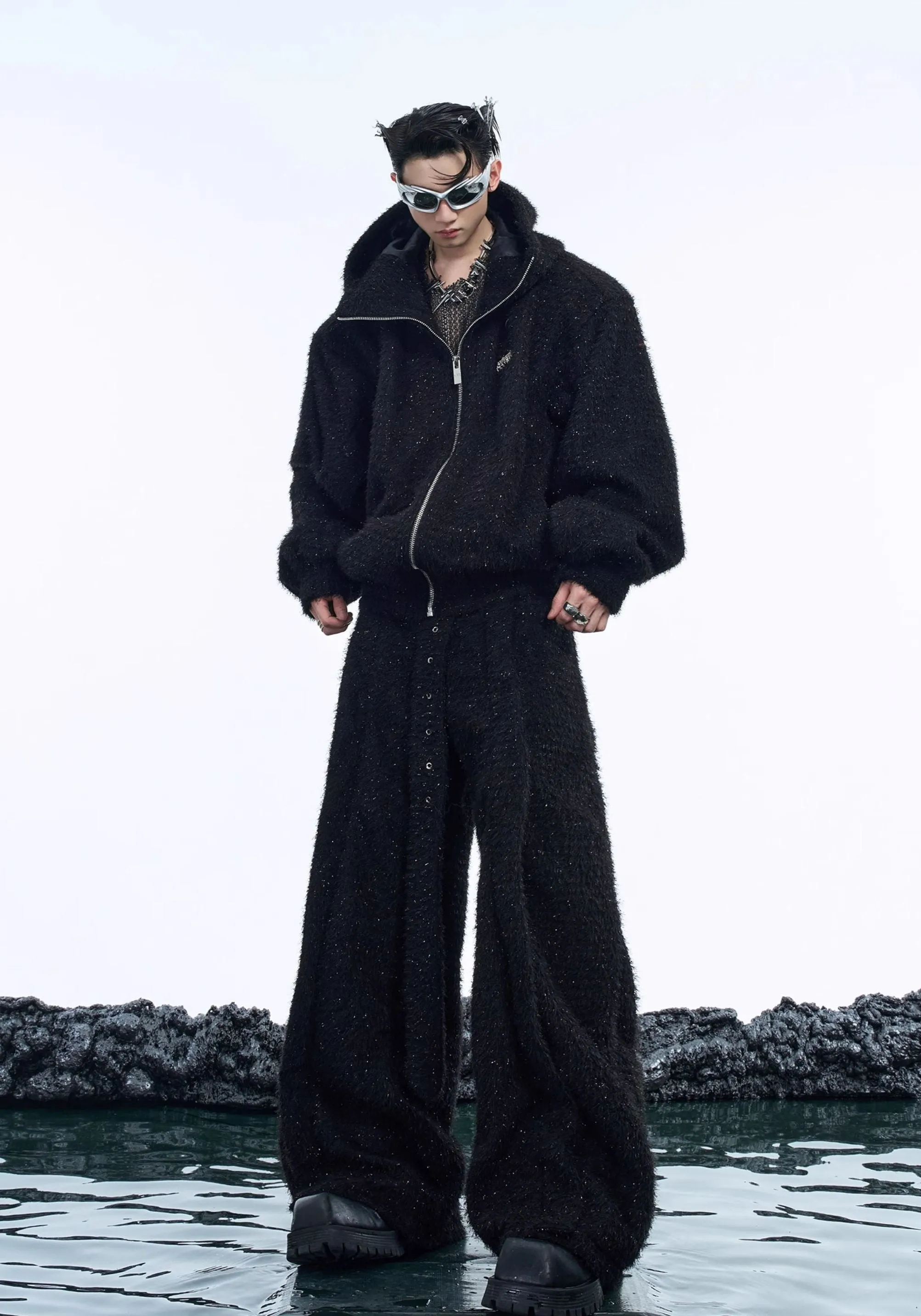 【24s Nov.】Plush Glitter Hooded Sweatshirt   Loose Pants