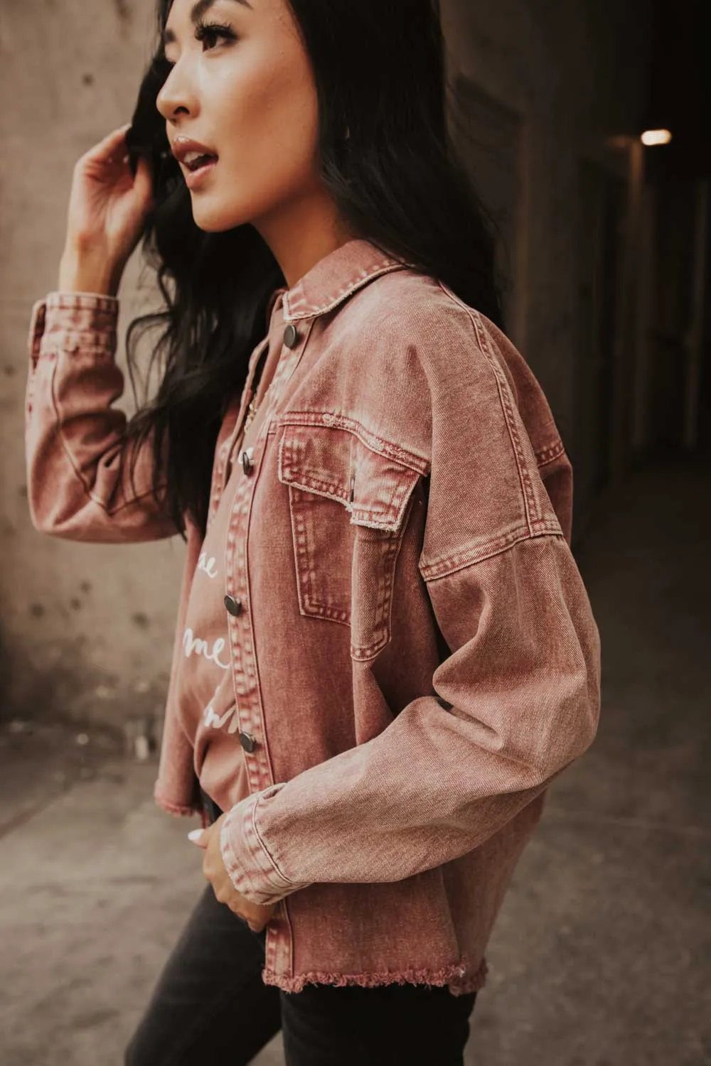 Acid Wash Denim Jacket in Wine