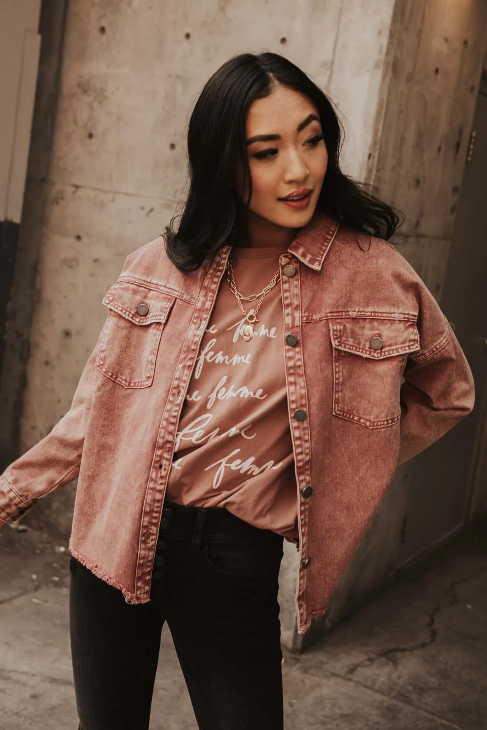 Acid Wash Denim Jacket in Wine