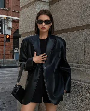 Advbridge Vintage Black High Quality Leather Loose Blazer Biker Coat Women Casual Long Sleeve Flap Pocket Suit Jacket Oversized Streetwear