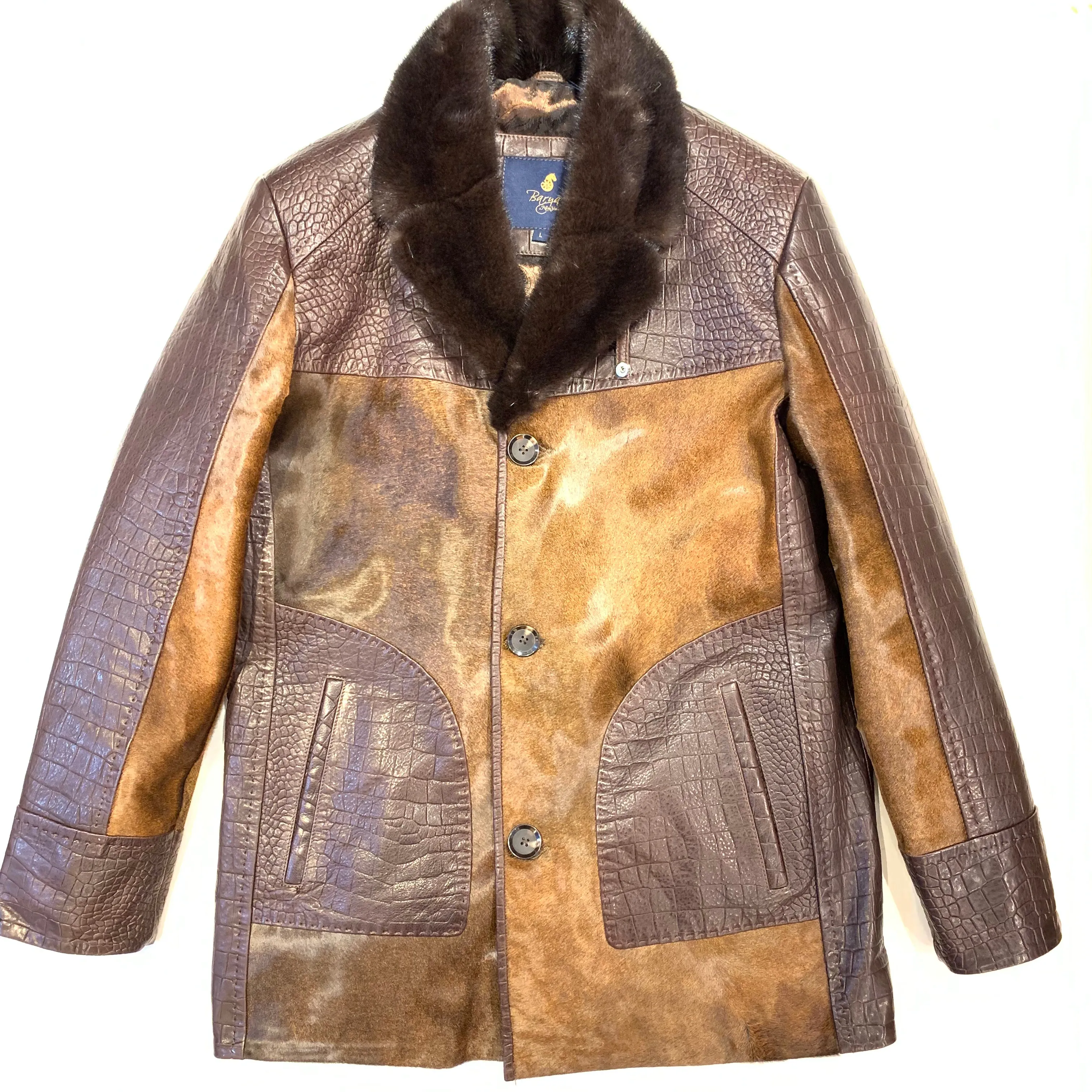 Barya NewYork Brown Pony Hair/ Lambskin Mink Collar Peacoat