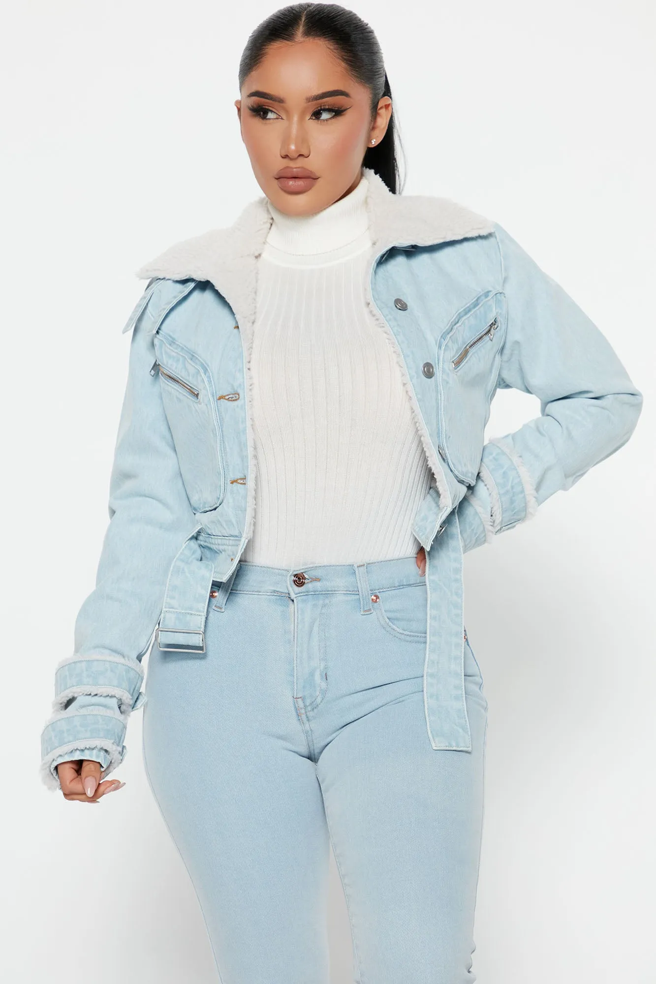 Belted Sherpa Moto Denim Jacket - Light Wash