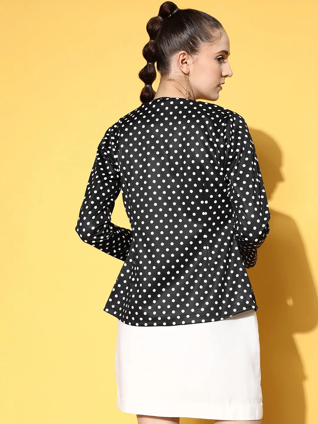 Berrylush Women Black & White Polka Dot Printed Collarless Open Front Straight Jacket