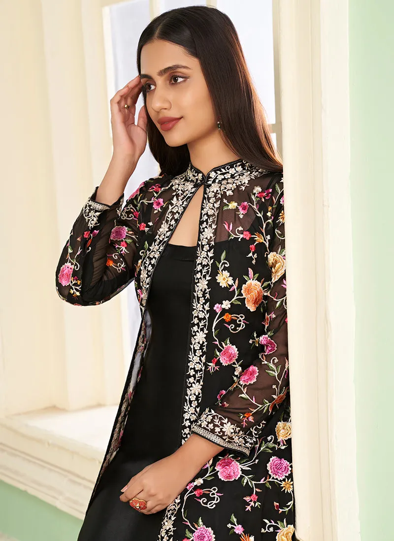 Black Multi Floral Embroidery Jacket Style Pant Suit