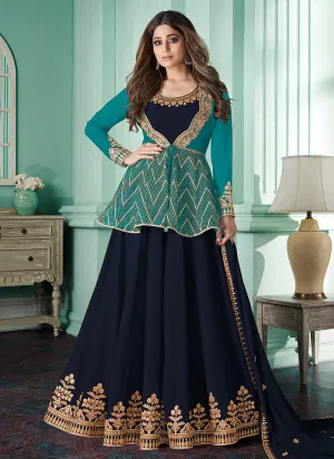 Blue And Turquoise Peplum Style Anarkali Suit