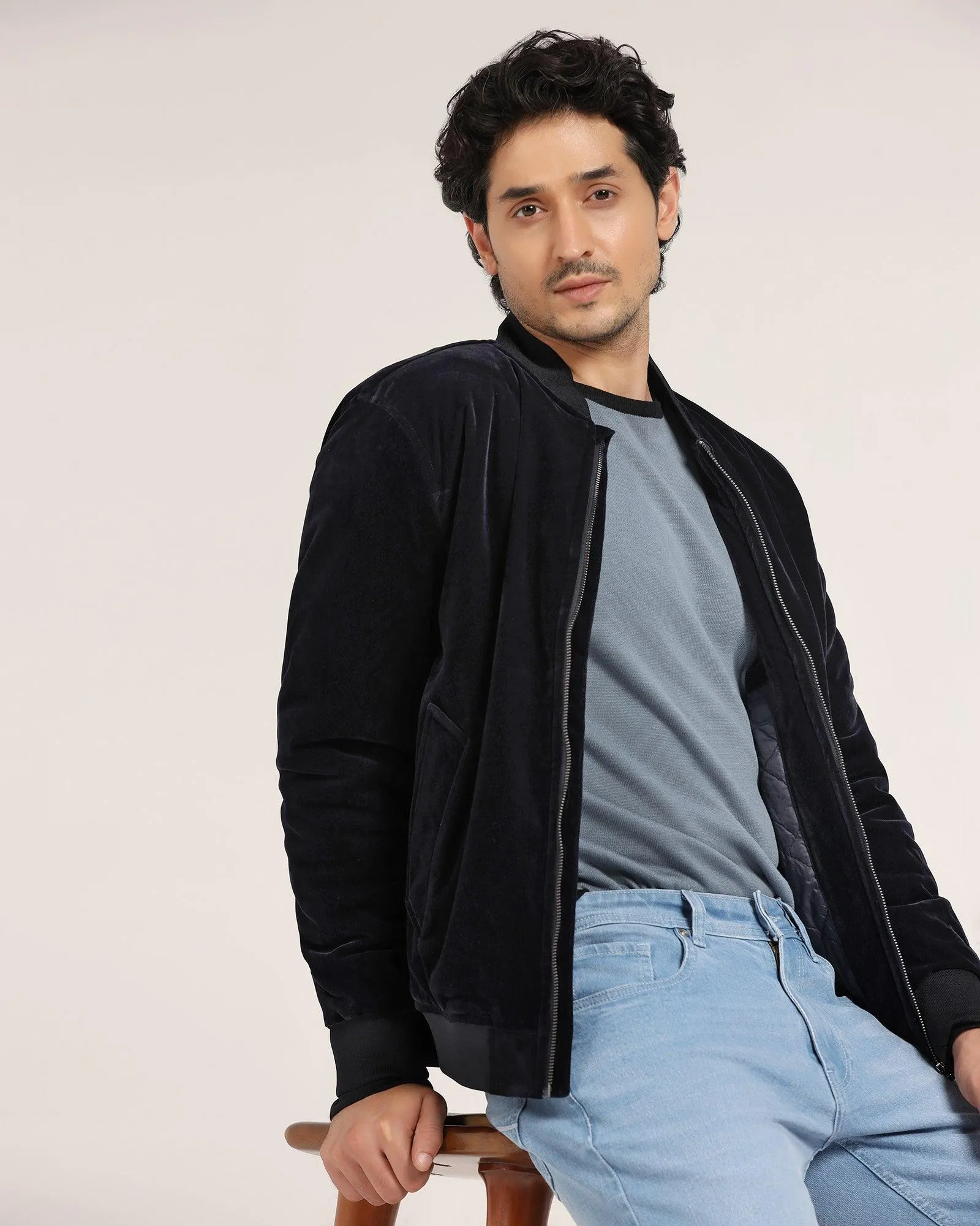 Blue Solid Zipper Jacket - Adan