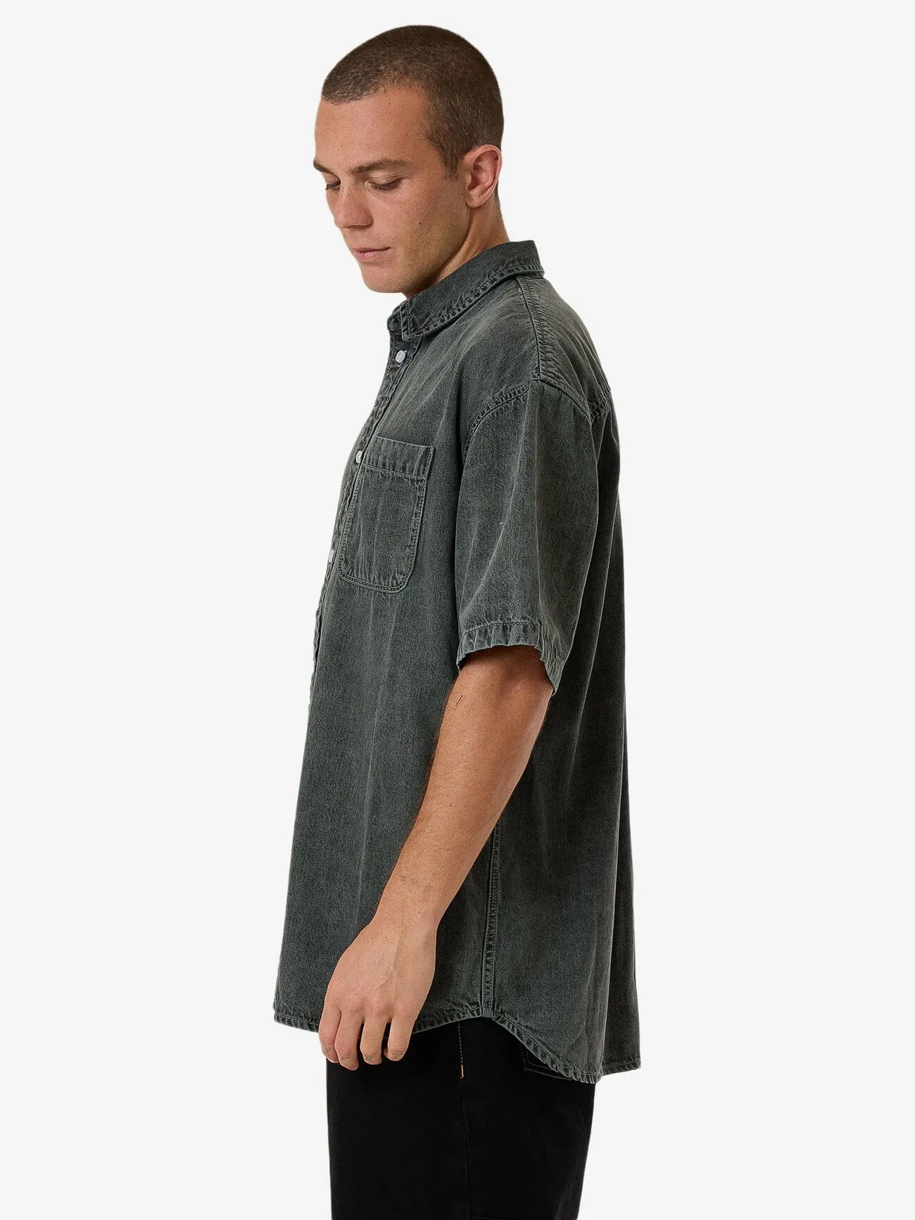 Canyon Oversize Short Sleeve Denim Shirt - Dark Forest