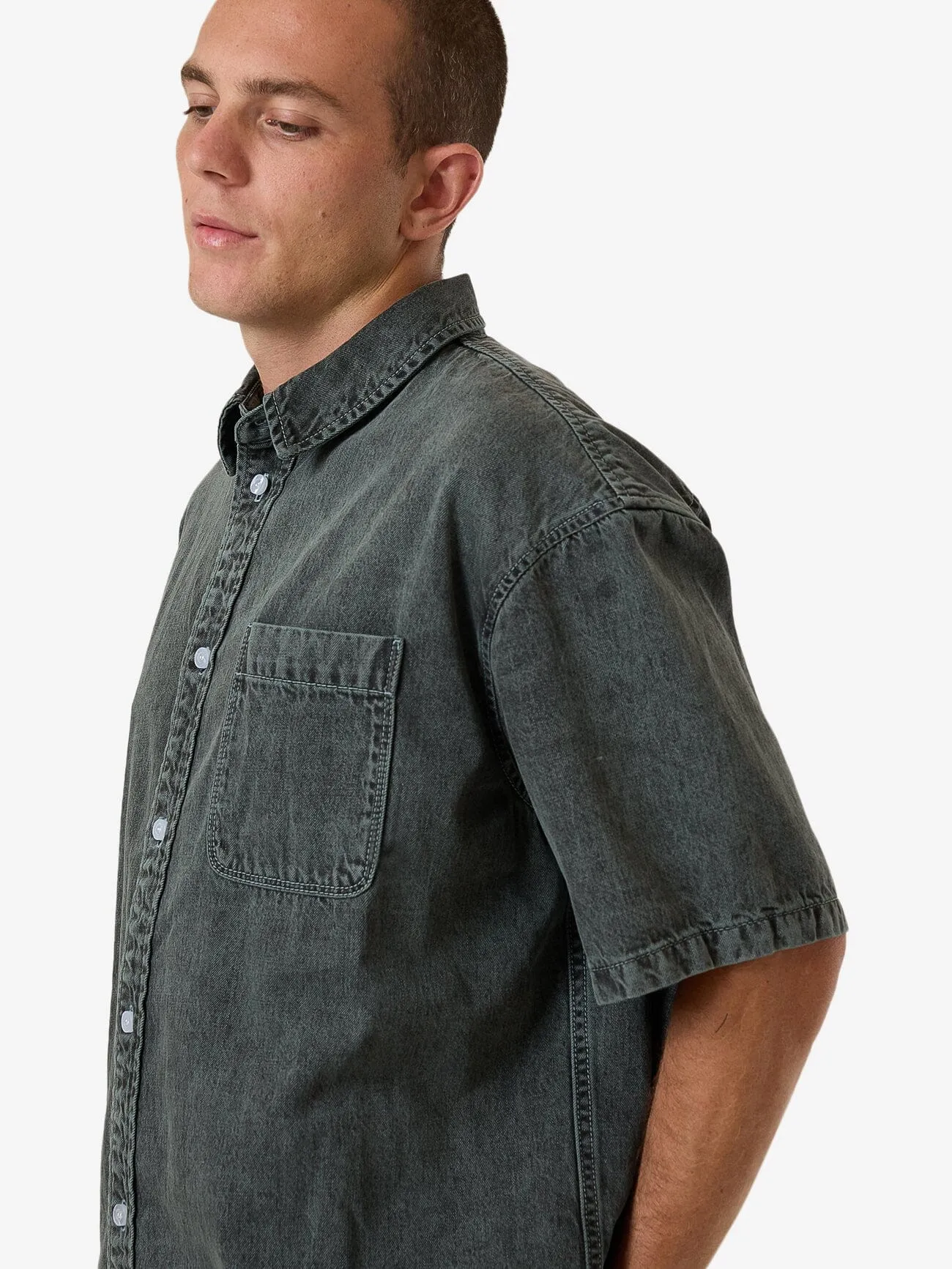 Canyon Oversize Short Sleeve Denim Shirt - Dark Forest