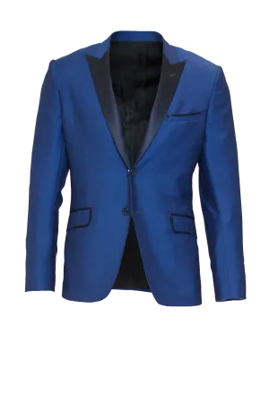 COBALT BLUE FITTED 2-BUTTON SINGLE BREASTED WOOL SUIT JACKET W/ NAVY BLUE SILK LAPEL