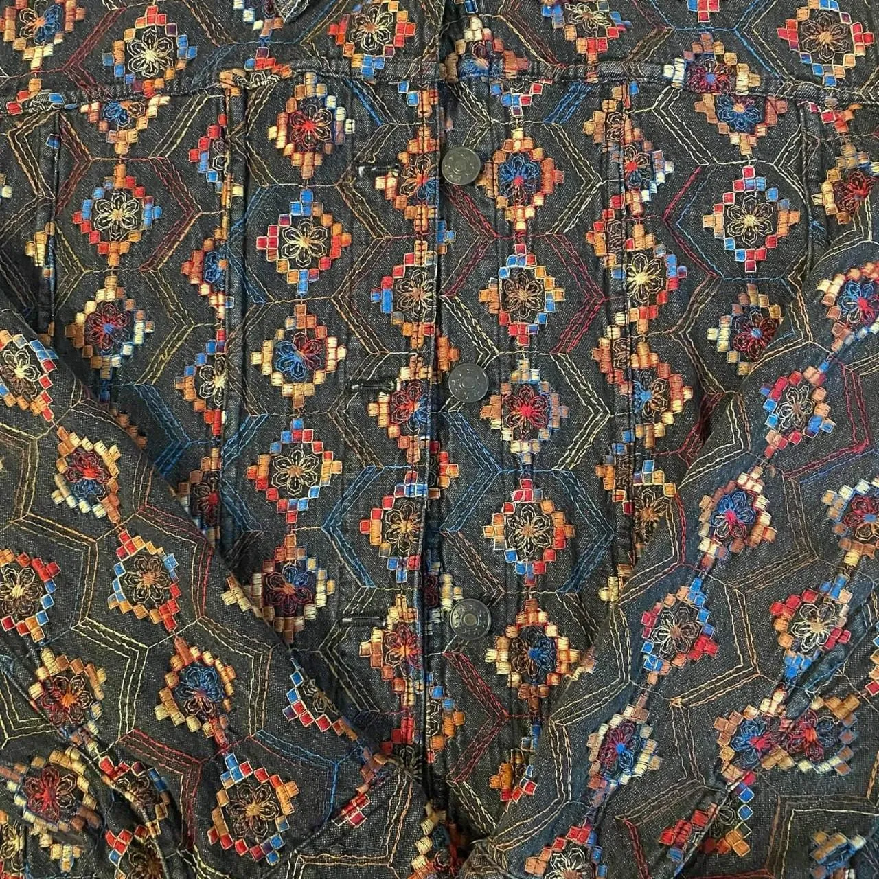 Coldwater Creek Embroidered Rainbow Flowers Geometric Design Denim Jacket