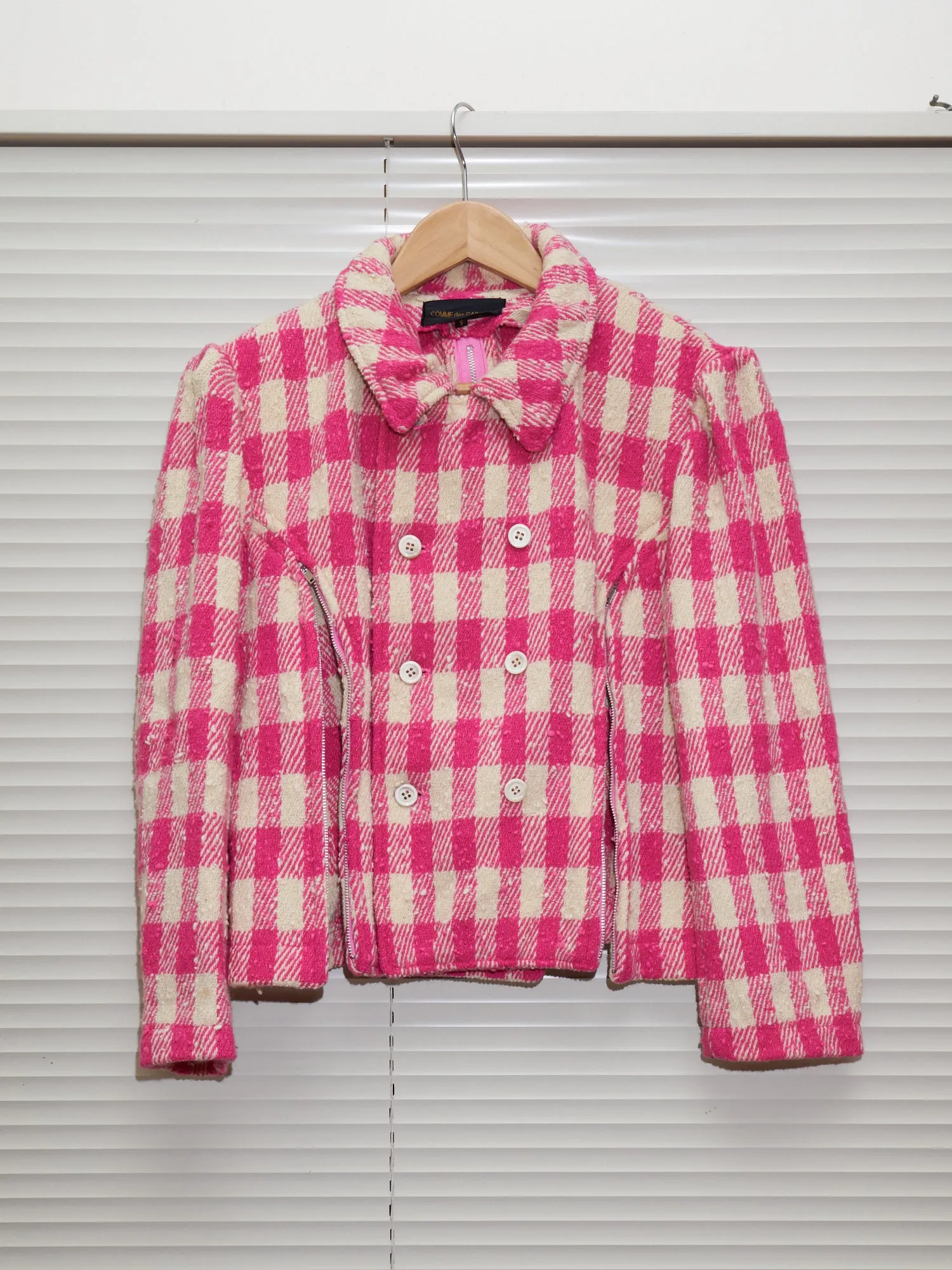 Comme des Garcons 1991 pink cream wool check zipped seam peacoat - womens S