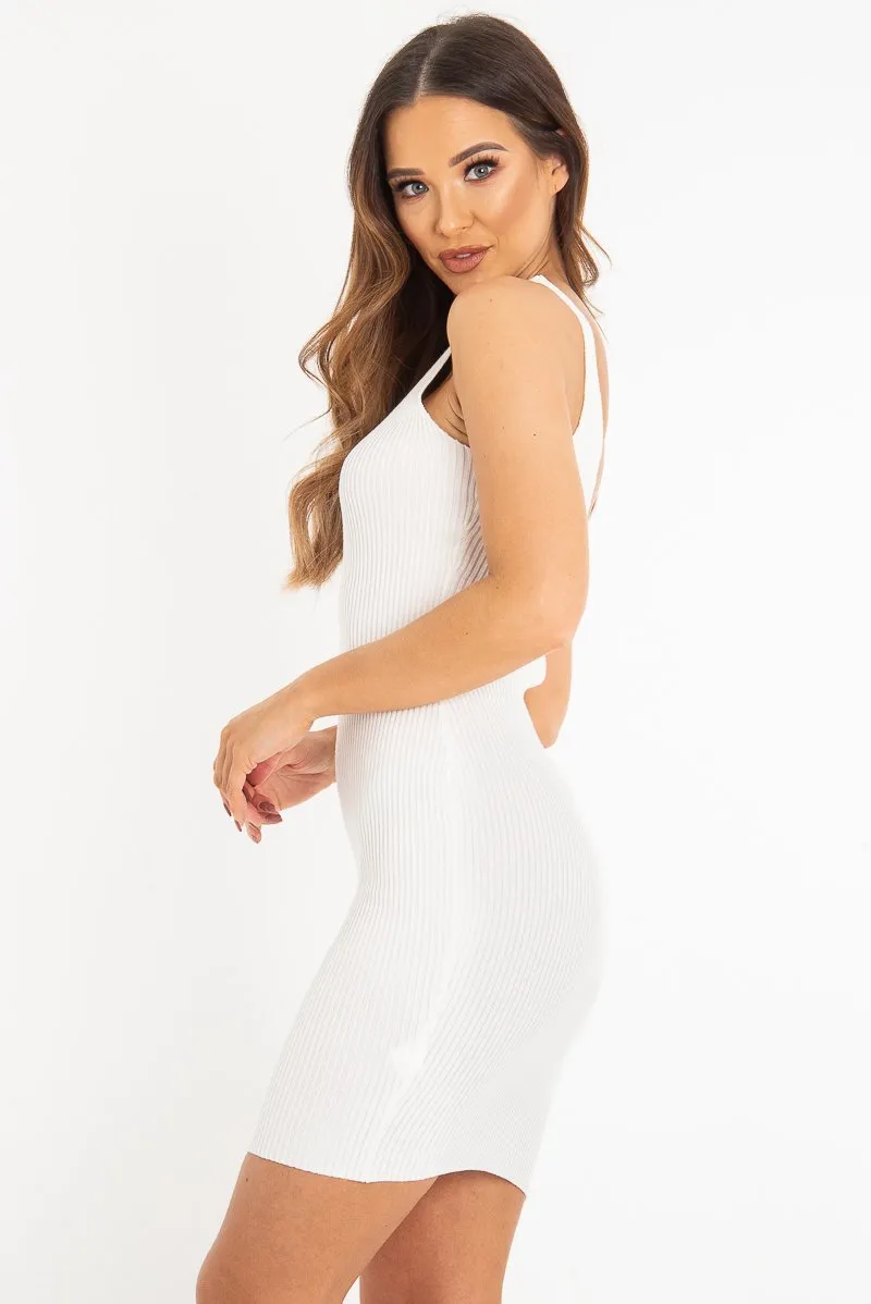 Cream Rib Knit V Neck Mini Dress - Amylia