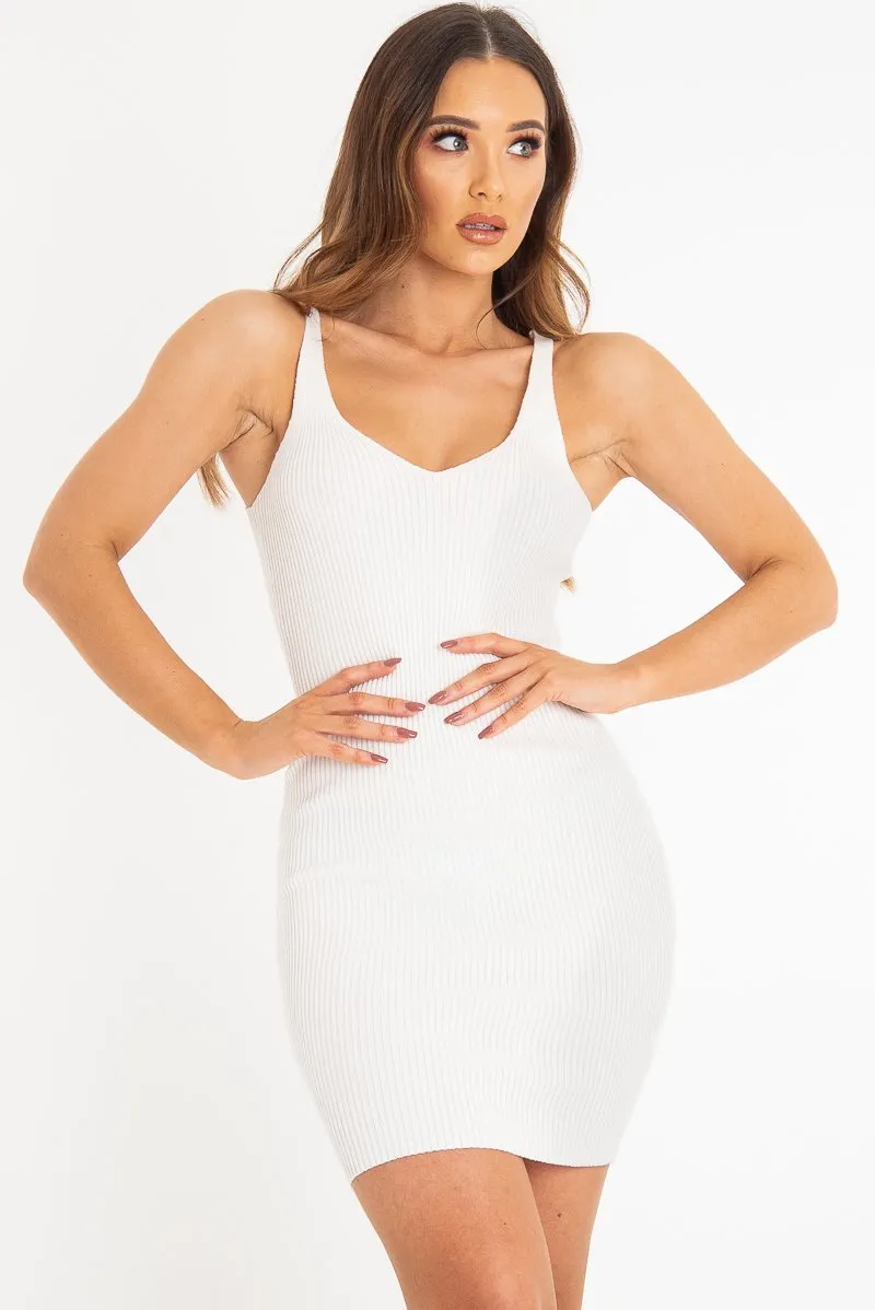 Cream Rib Knit V Neck Mini Dress - Amylia