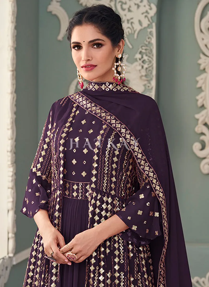 Deep Purple Golden Sequence Embroidered Jacket Style Anarkali Suit