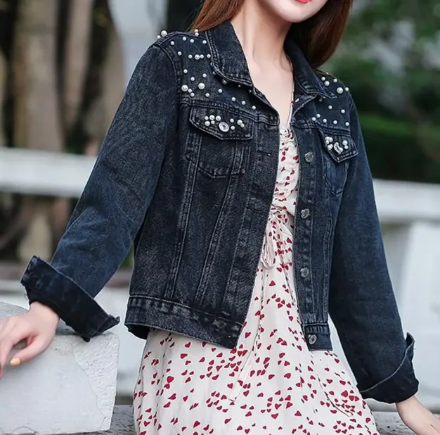 Denim Jacket With Pearl Detail