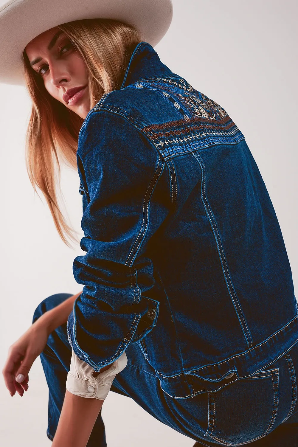 Embroided Back Denim Jacket in Dark Blue