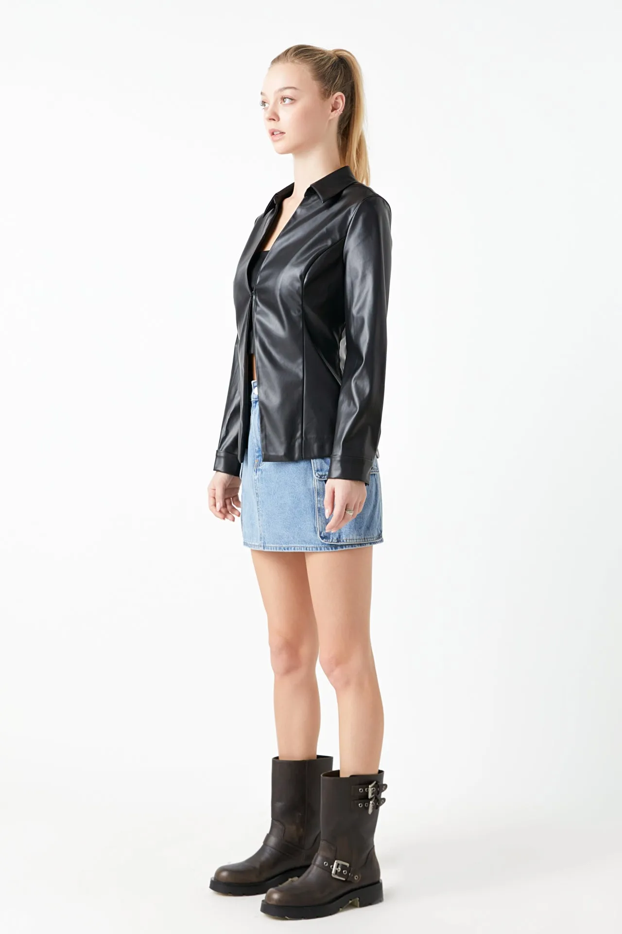 Faux Leather Jacket Set