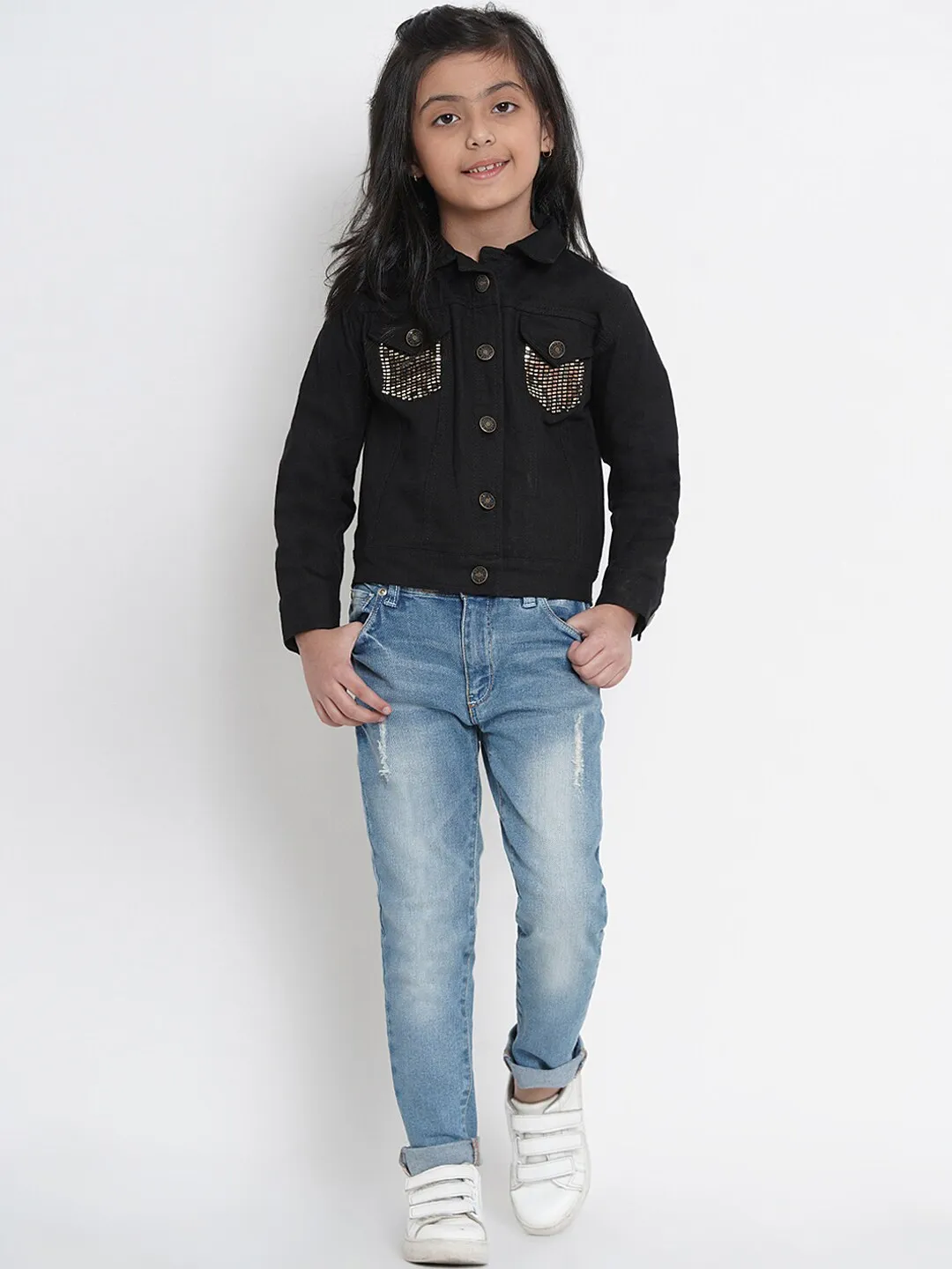 Girl's Black Denim Solid Jacket Top  - NOZ2TOZ KIDS