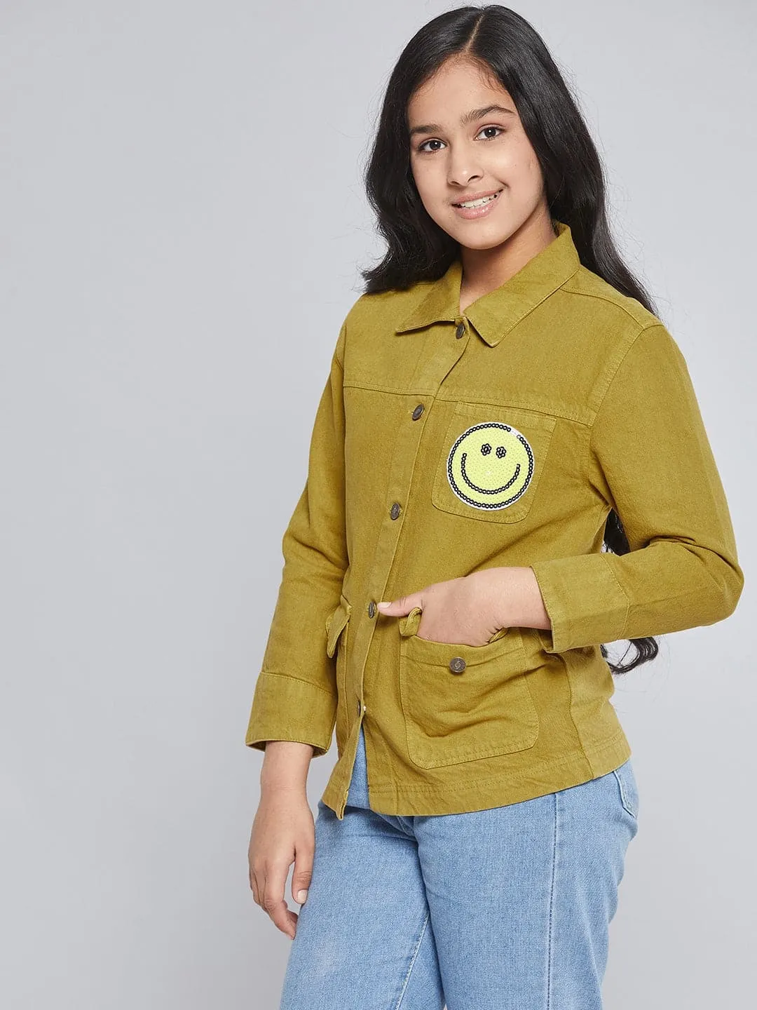 Girls Mustard Smiley Patch Denim Jacket - Lyush Kids