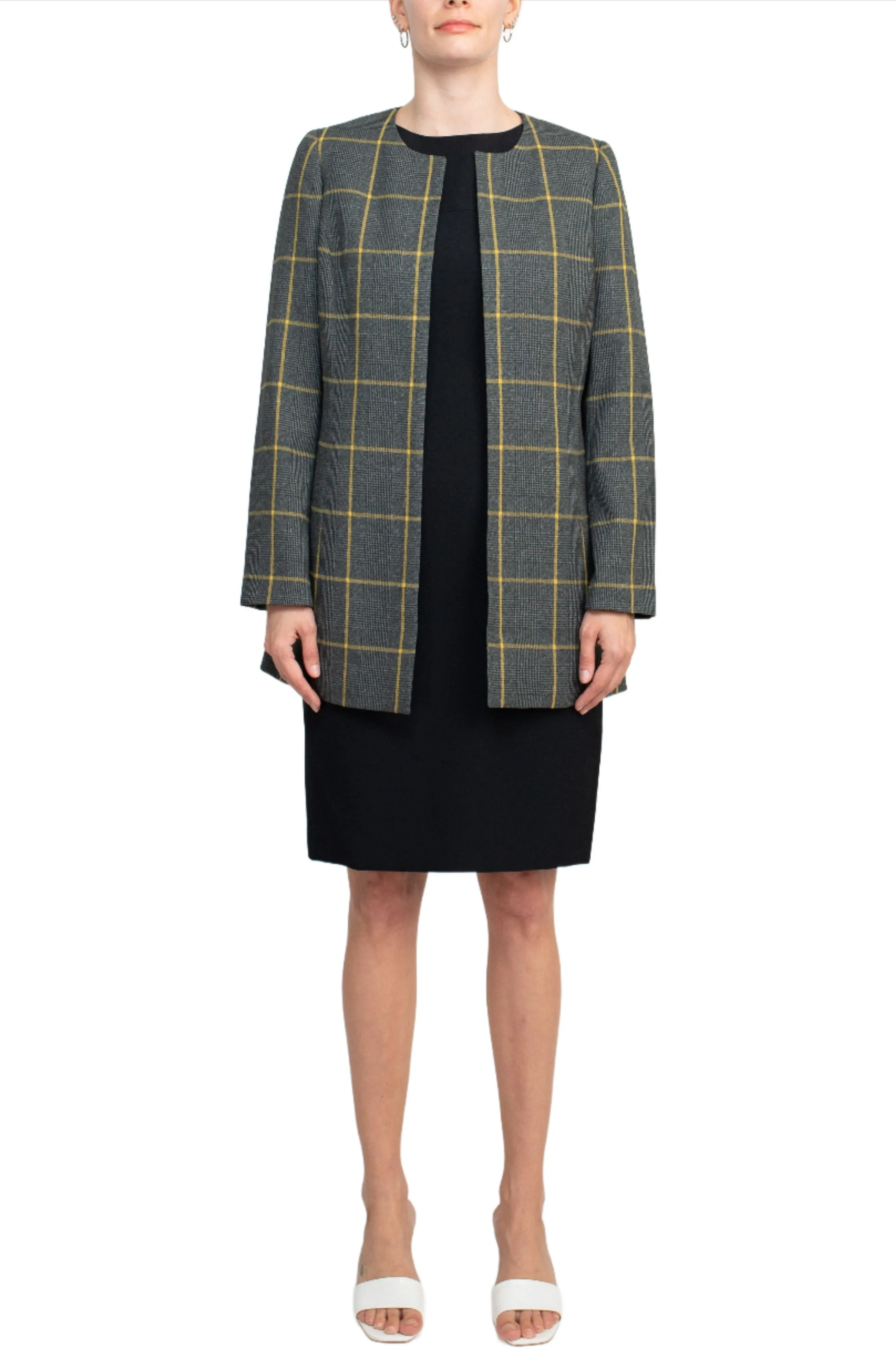 Le Suit Boat Neck Sleeveless Zipper Back Crepe Dress with Crew Neck Long Sleeve Large Windowpane Pattern Jacket (Two Piece Set)