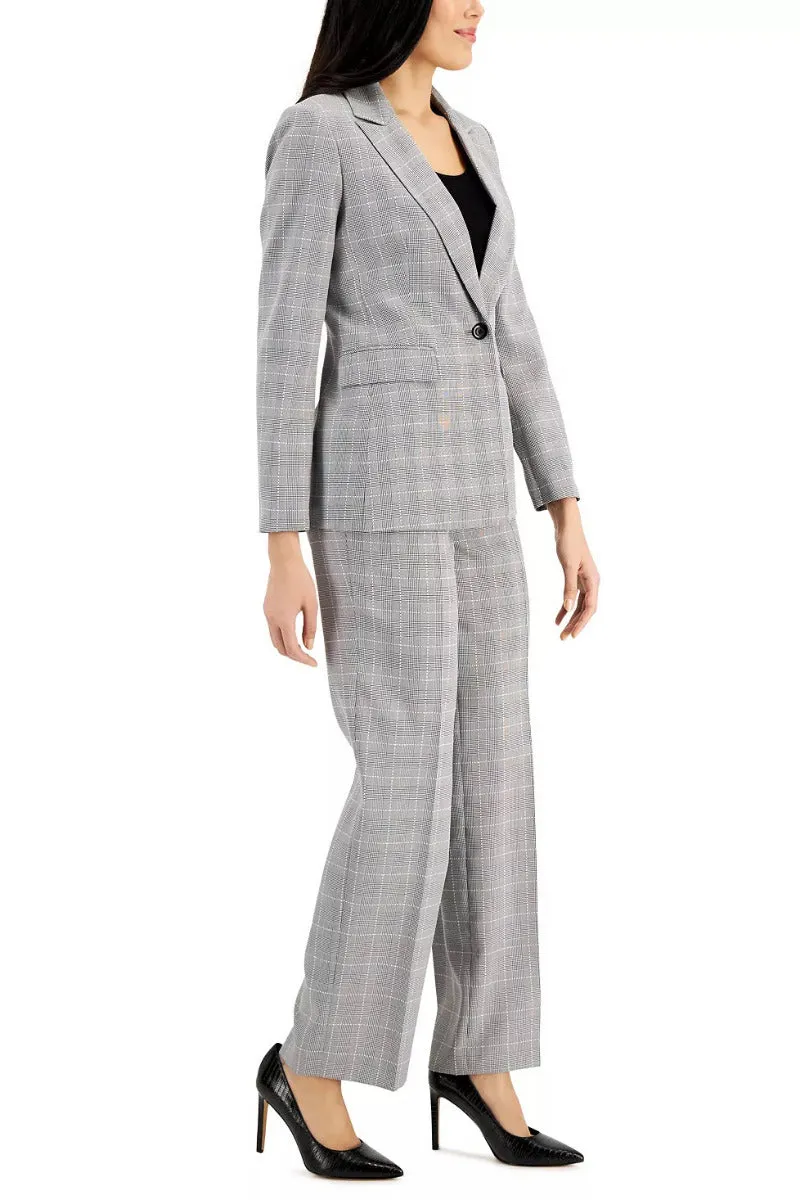 Le Suit Notched Collar Long Sleeve One Button Closure Front Shoulder Pads Flap Pockets Crepe Jacket with Pants (Petite)