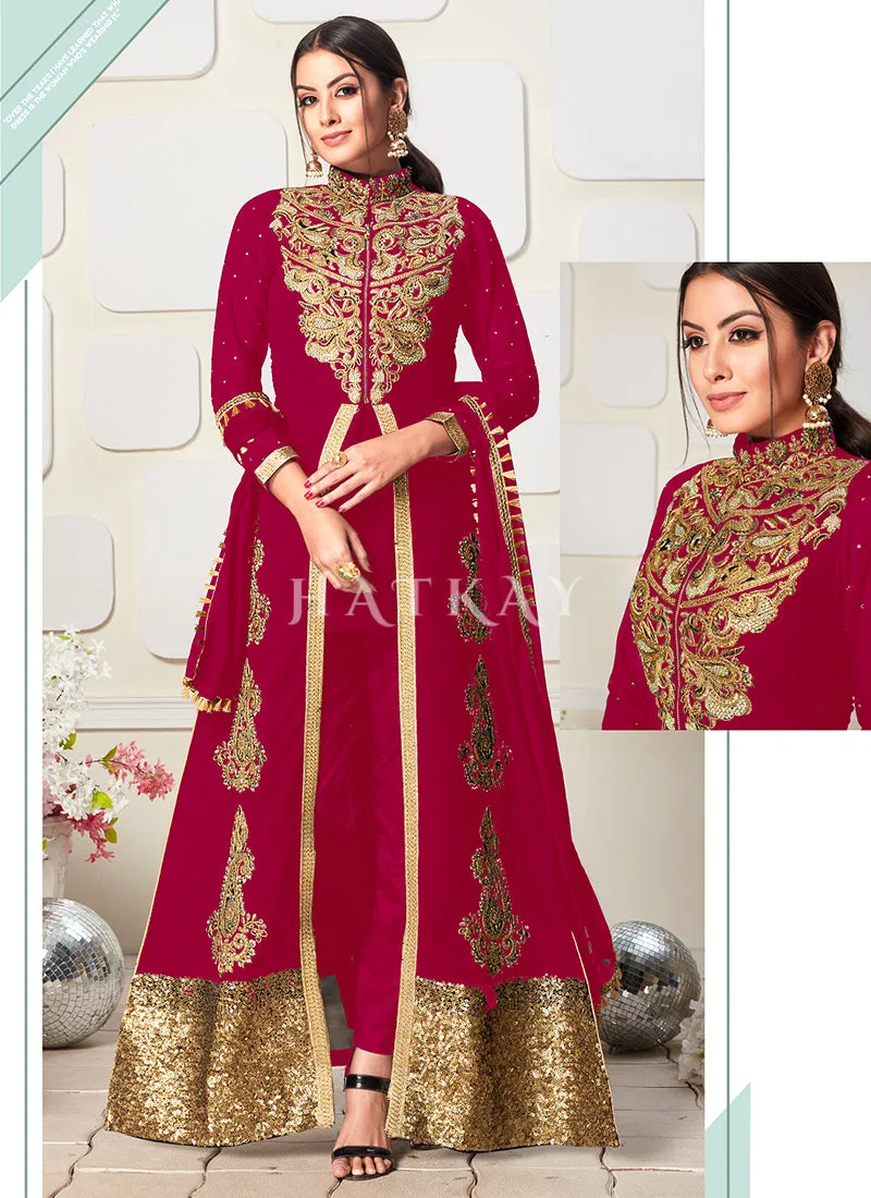 Magenta Golden Zari Embroidery Jacket Style Pant Suit