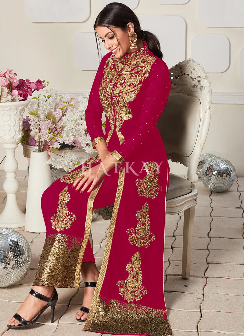 Magenta Golden Zari Embroidery Jacket Style Pant Suit