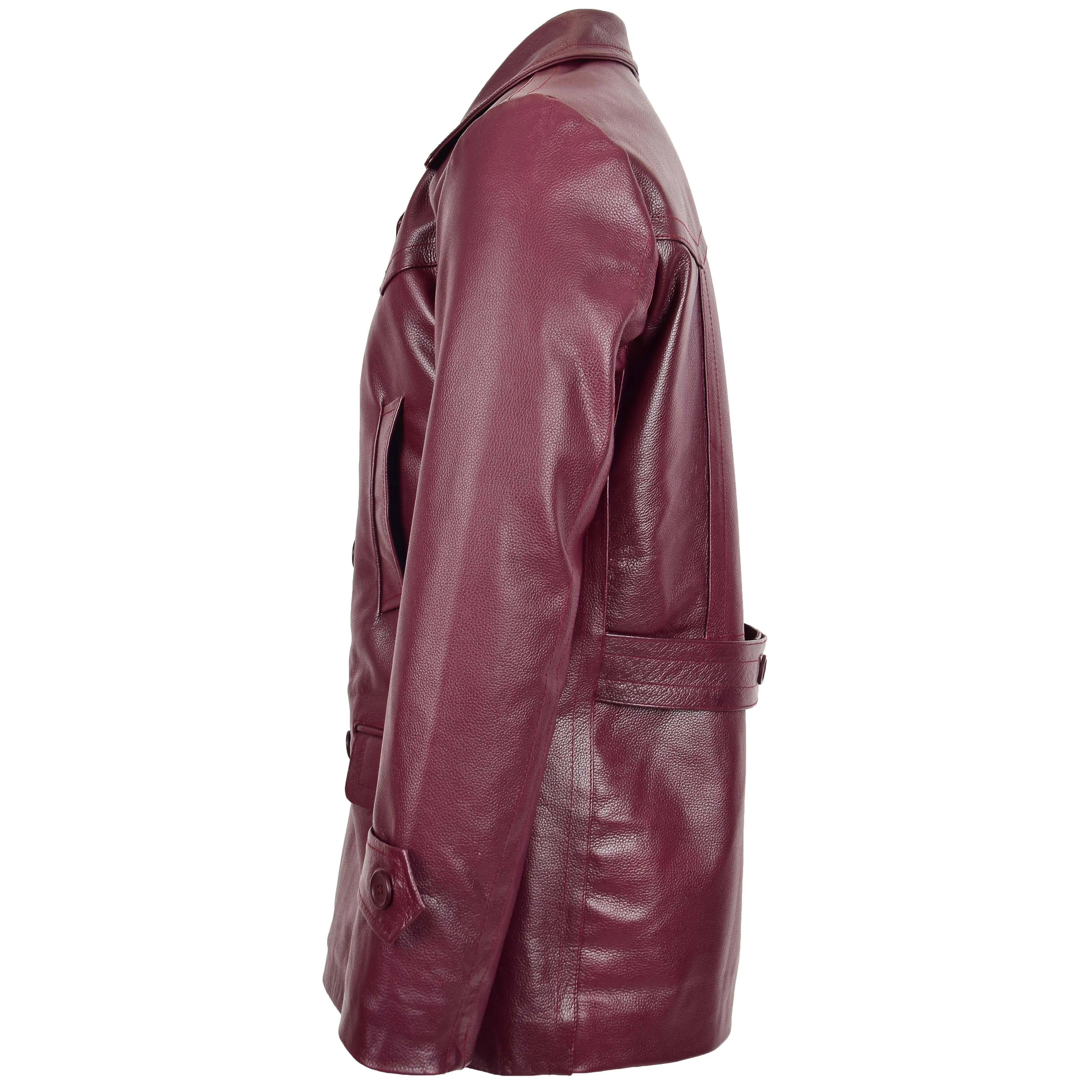 Mens Double Breasted Leather Peacoat Salcombe Burgundy