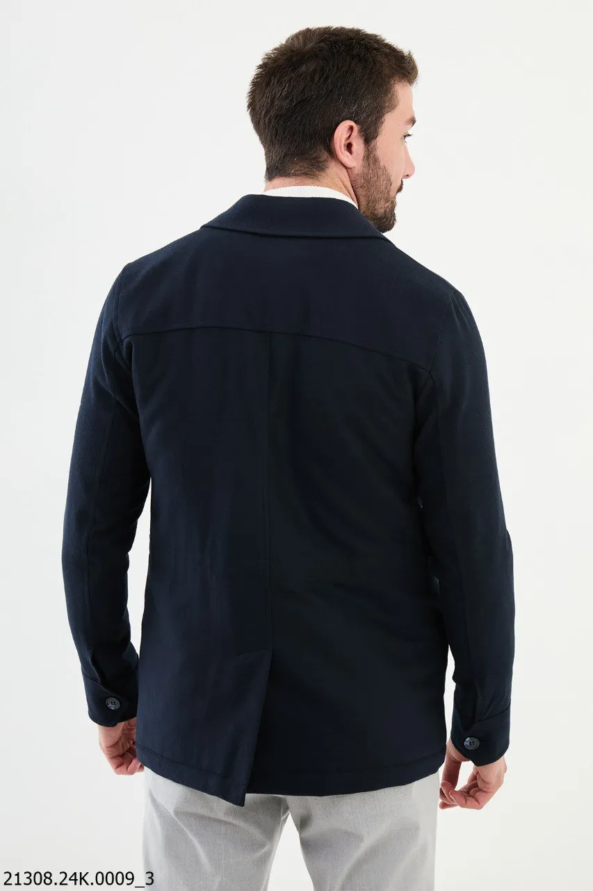 Men's Navy Blue Utility Pocket Cotton Blend Winter Jacket