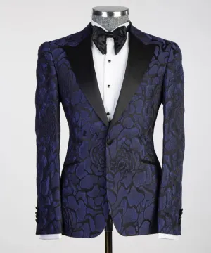 Navy Blue Floral Tuxedo For Men