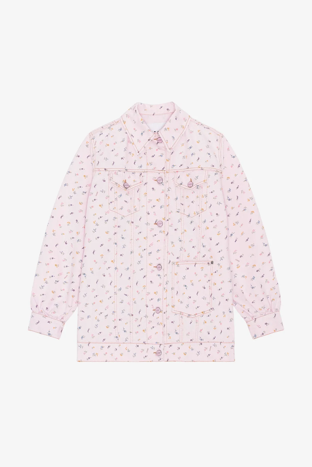 Oversized Flower Print Denim Jacket - Pink Tulle