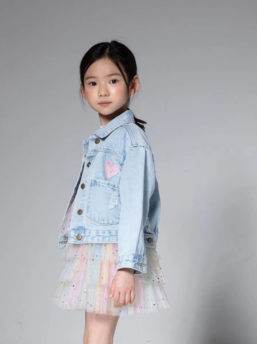 PH Play by Petite Hailey Patched Denim Jacket - Sequin Pink Daisy