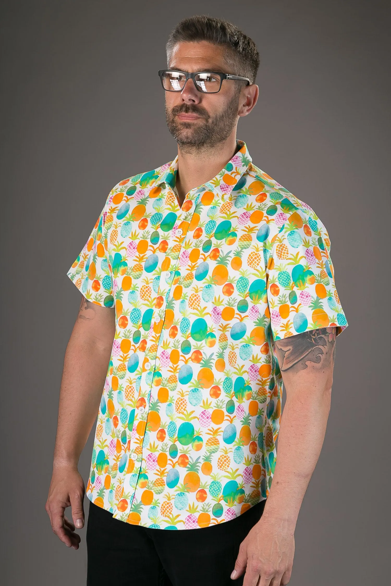 Pineapple Multi Colour Print Cotton Slim Fit Mens Shirt Short Sleeve