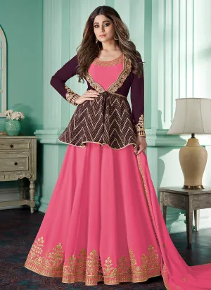 Pink And Maroon Peplum Style Anarkali Suit