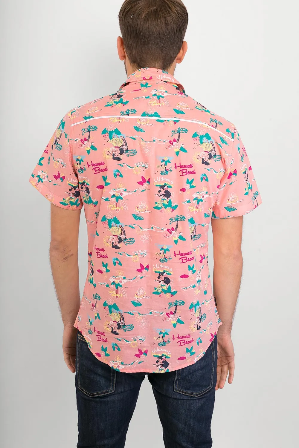 Pink Hawaii Aloha Print Cotton Slim Fit Mens Shirt Short Sleeve