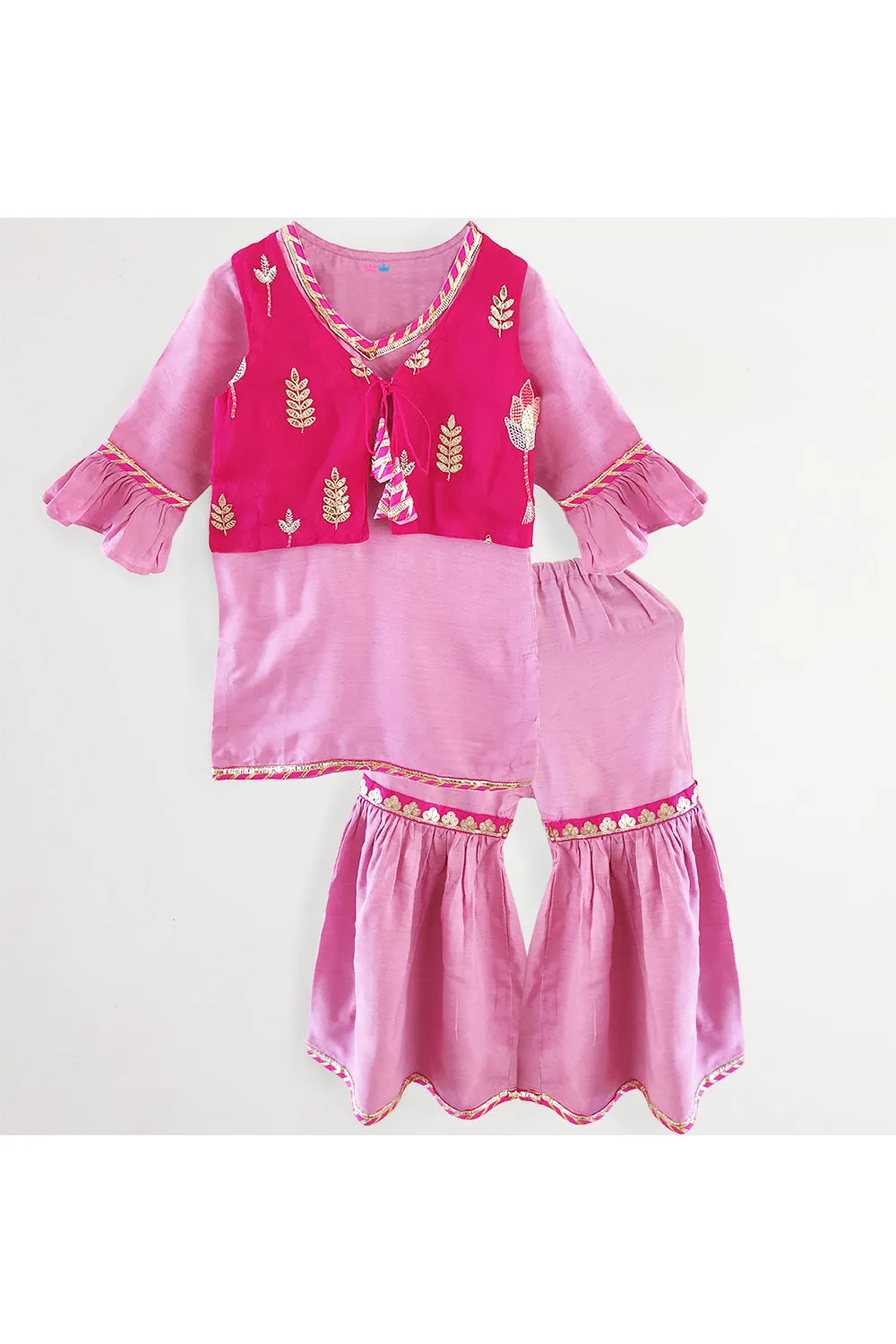 Pink kurta with sharara and embroidered jacket