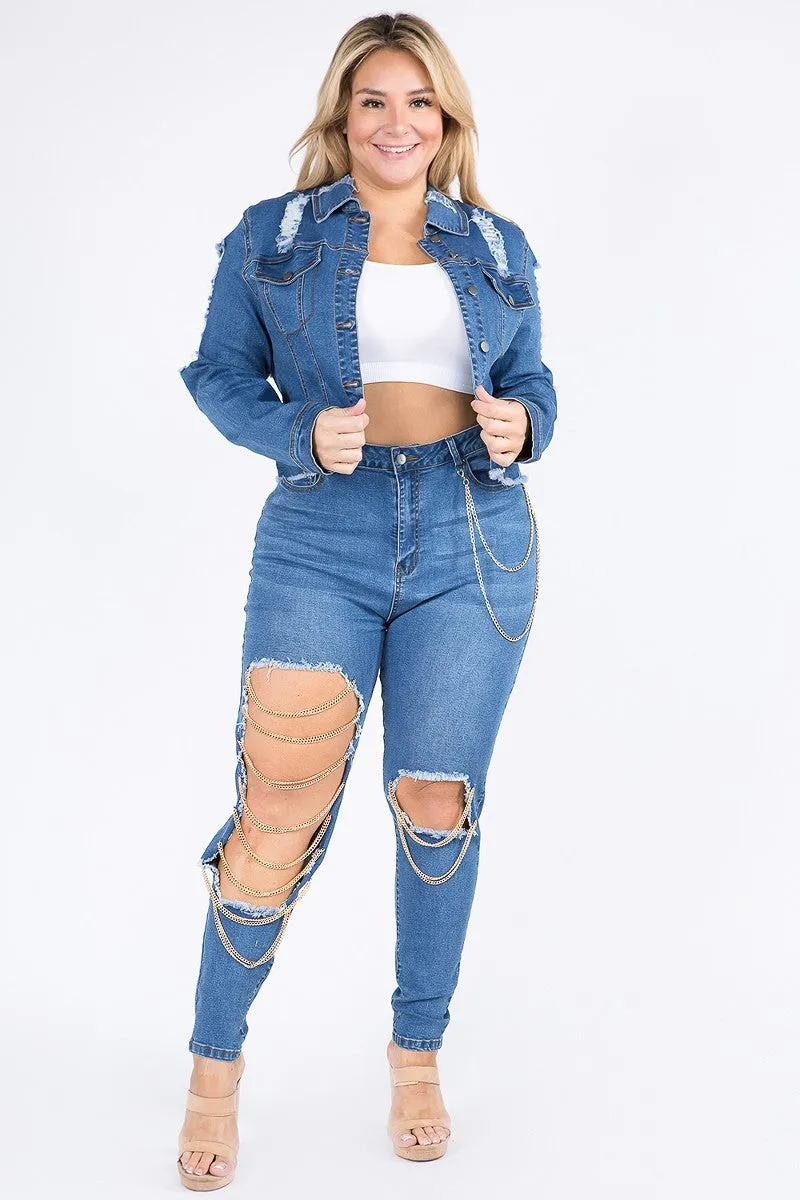 Plus-Size Anya Distressed Dark Blue Cropped Denim Jacket With Chains