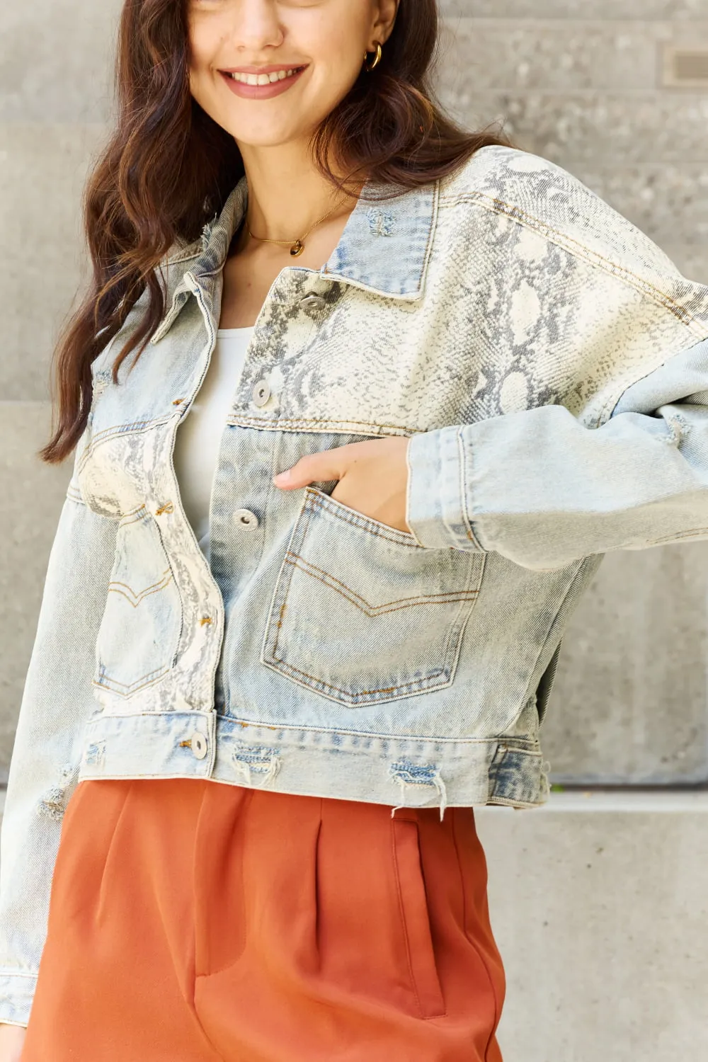 POL Morning Chills Oversized Snake Print Denim Jacket