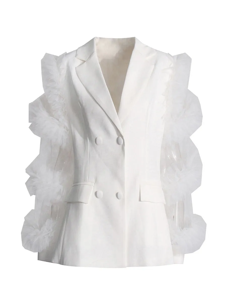 Pre Order:  Solid Splicing Mesh Ruffle Double Breasted Suit Jacket