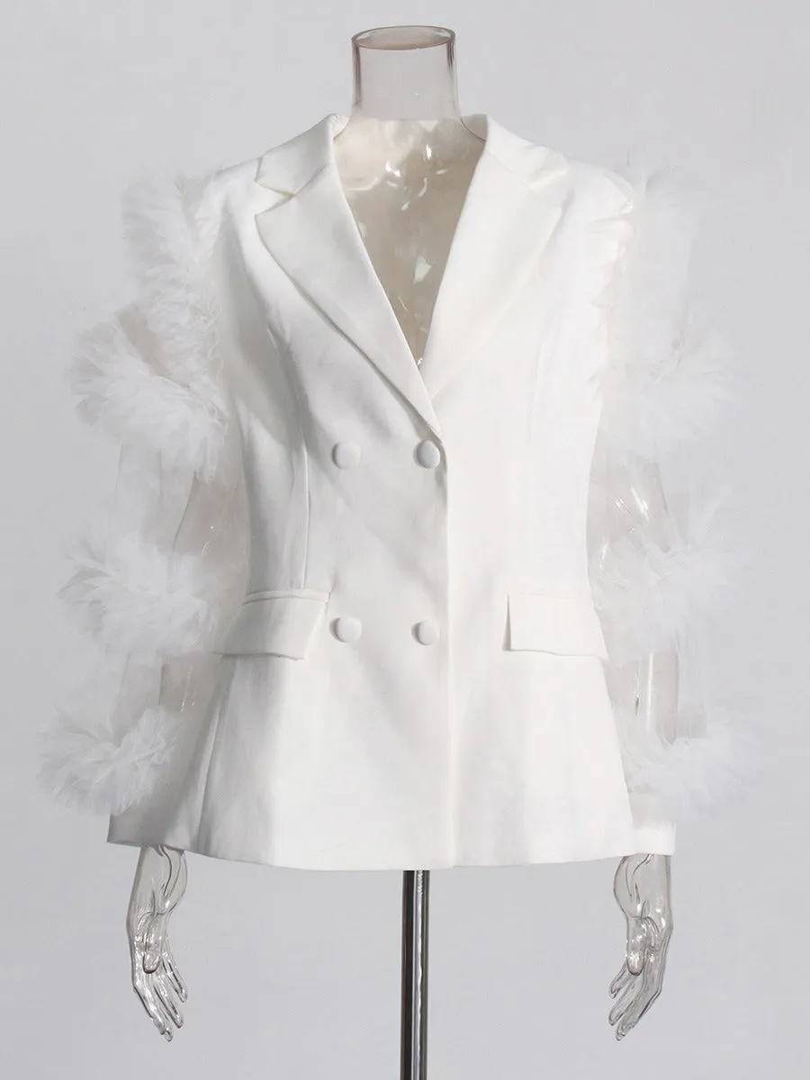 Pre Order:  Solid Splicing Mesh Ruffle Double Breasted Suit Jacket