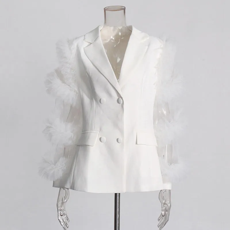 Pre Order:  Solid Splicing Mesh Ruffle Double Breasted Suit Jacket