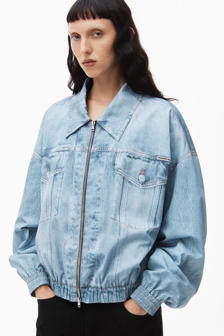 Printed Denim Bomber Jacket In Nylon