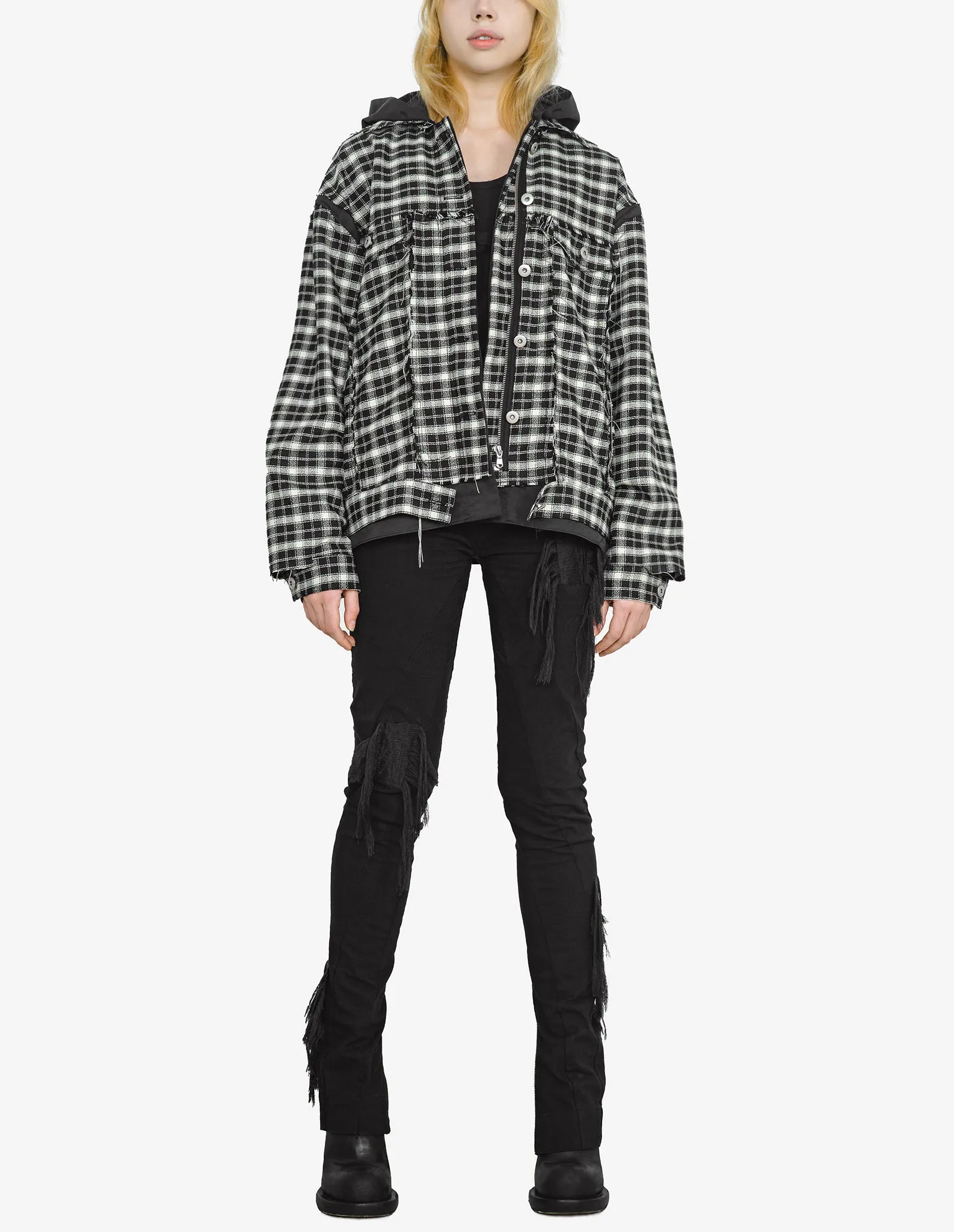 Raw-Edged Plaid Denim Hoodie