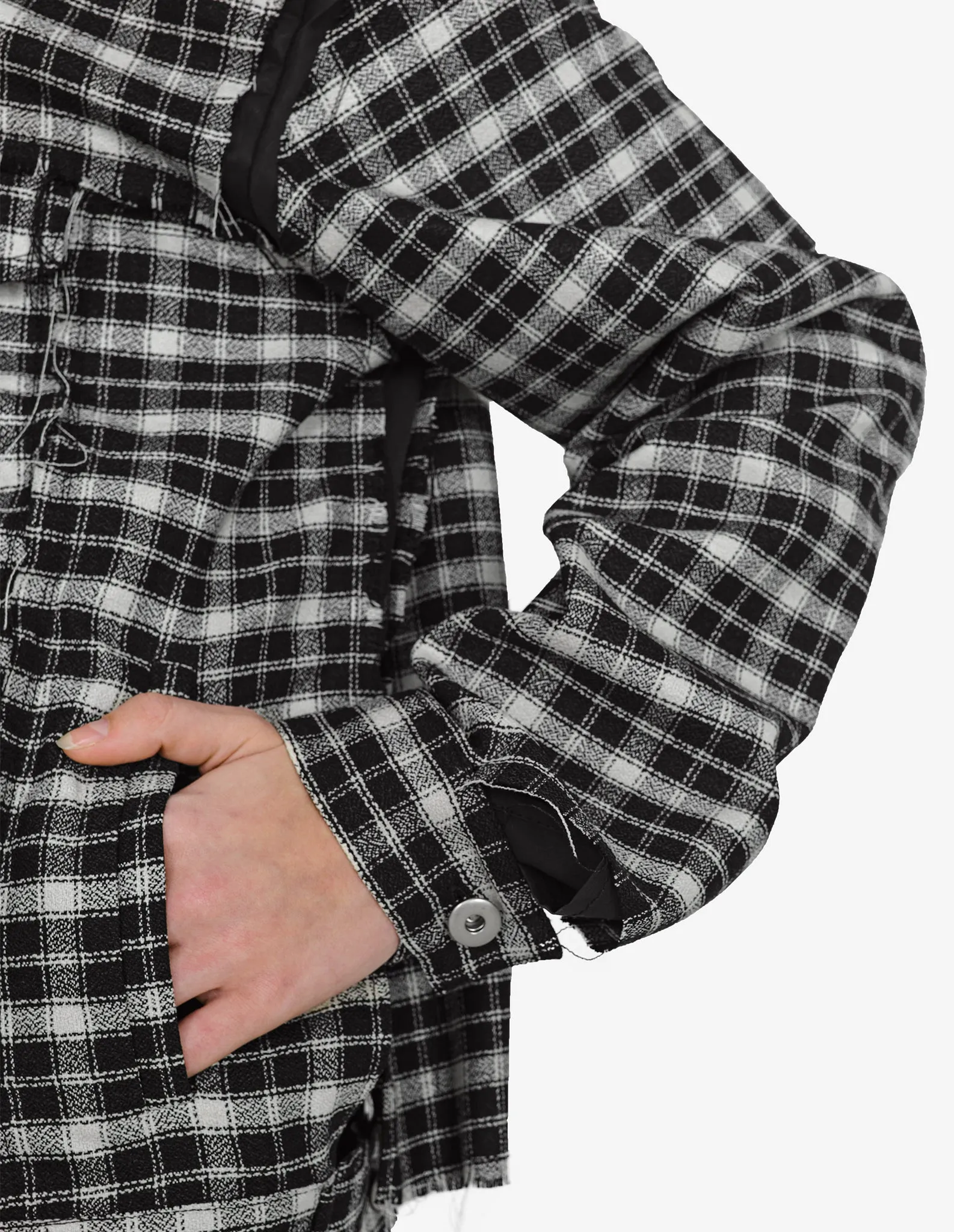 Raw-Edged Plaid Denim Hoodie