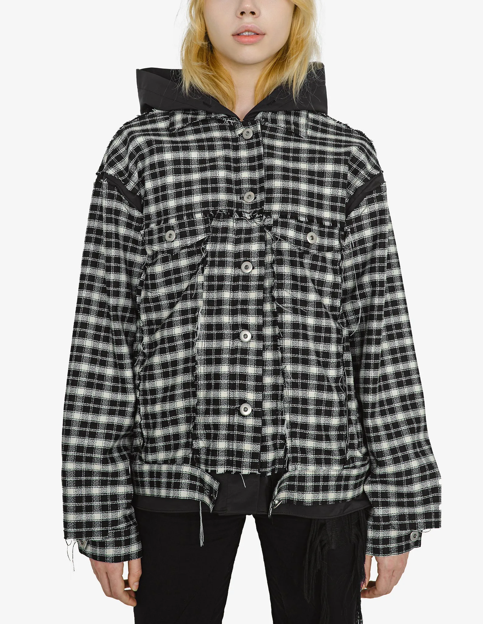 Raw-Edged Plaid Denim Hoodie