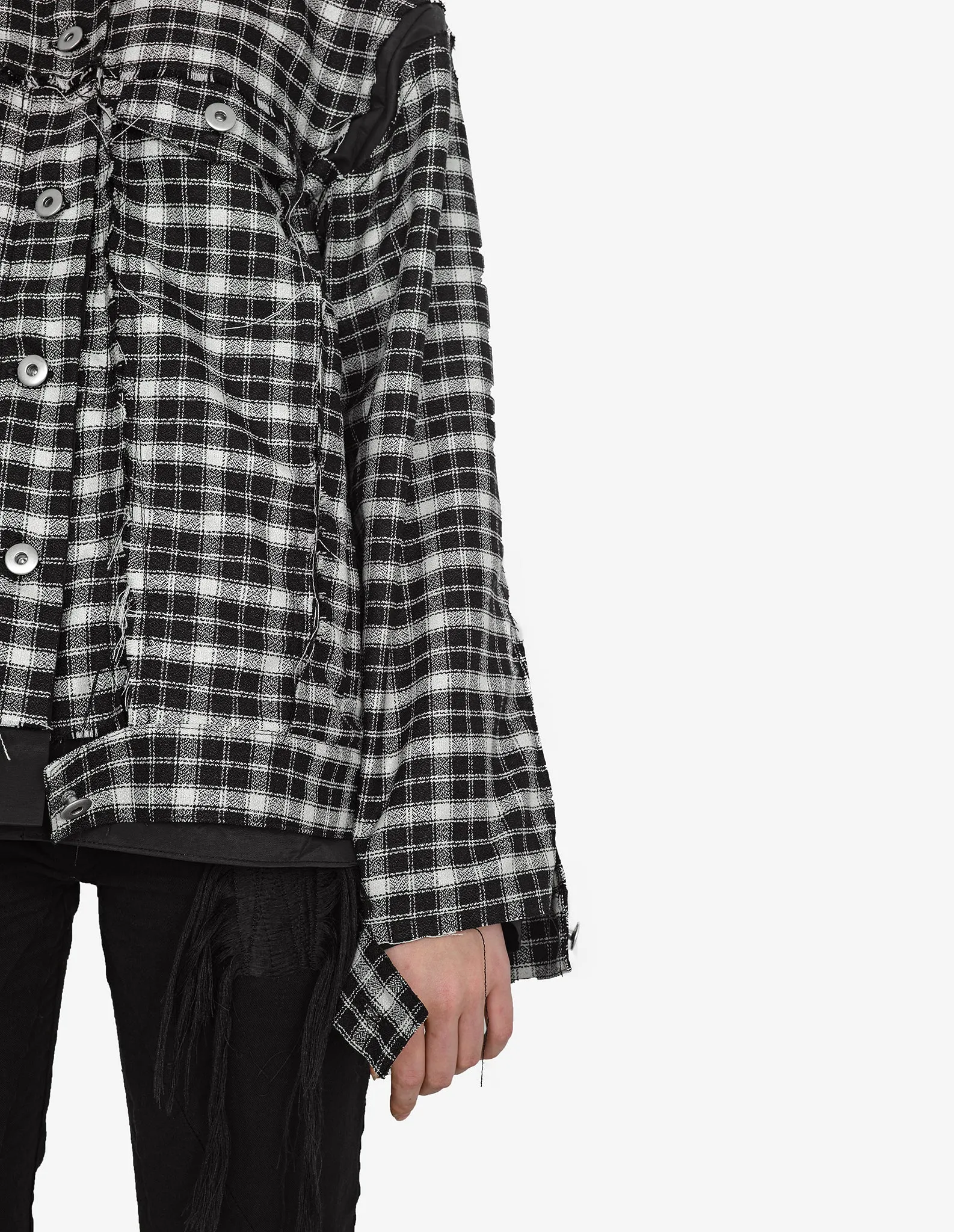 Raw-Edged Plaid Denim Hoodie