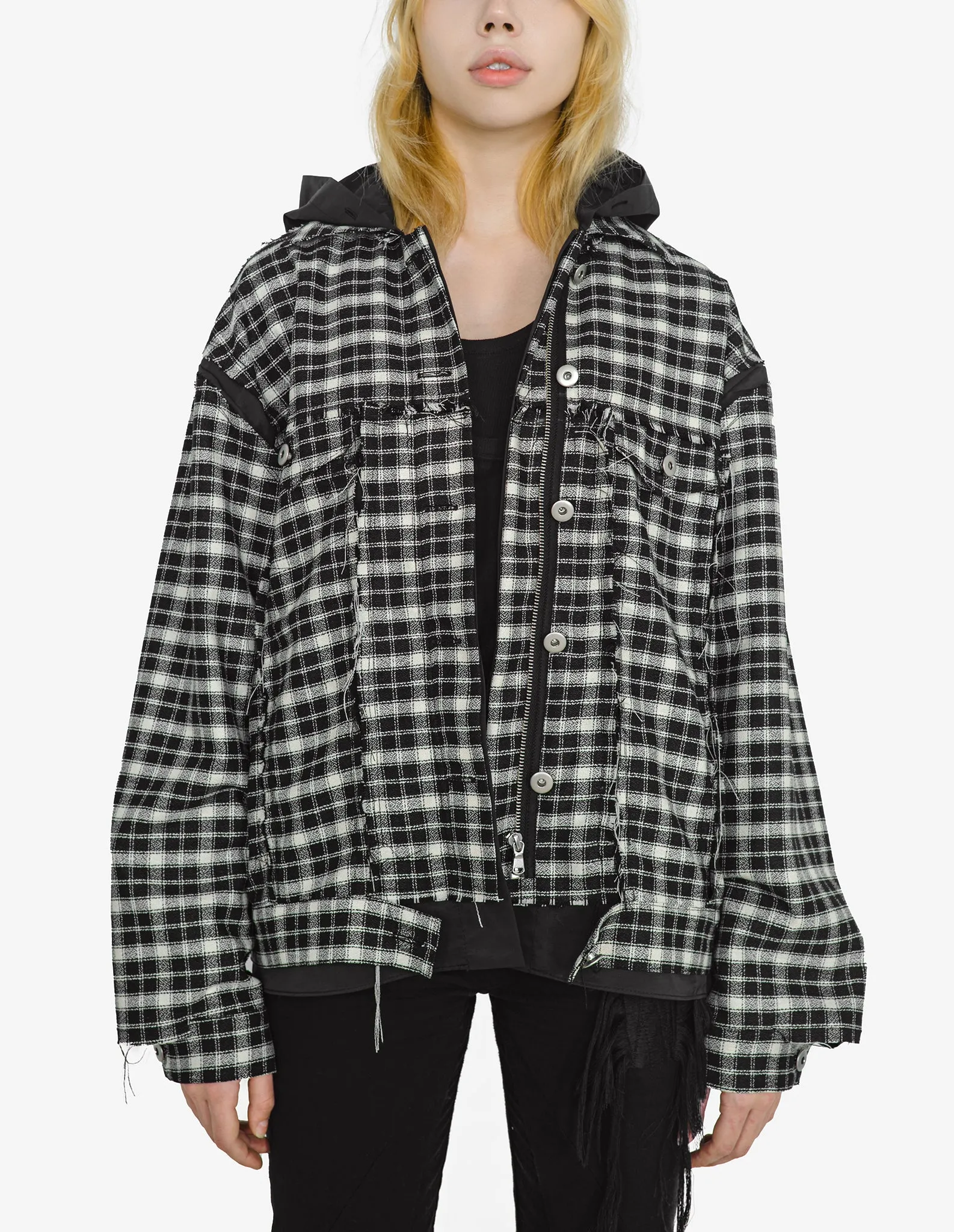 Raw-Edged Plaid Denim Hoodie