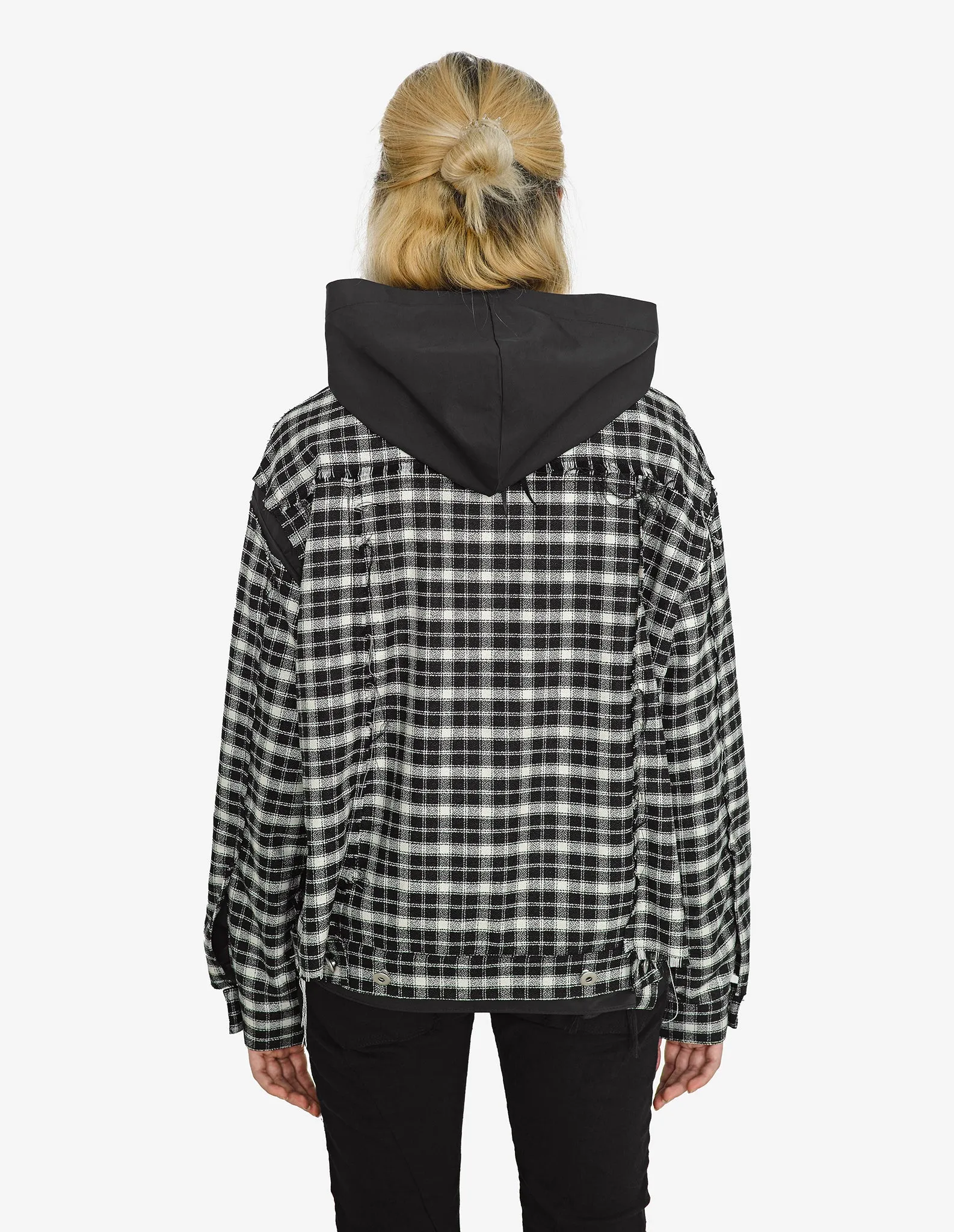 Raw-Edged Plaid Denim Hoodie