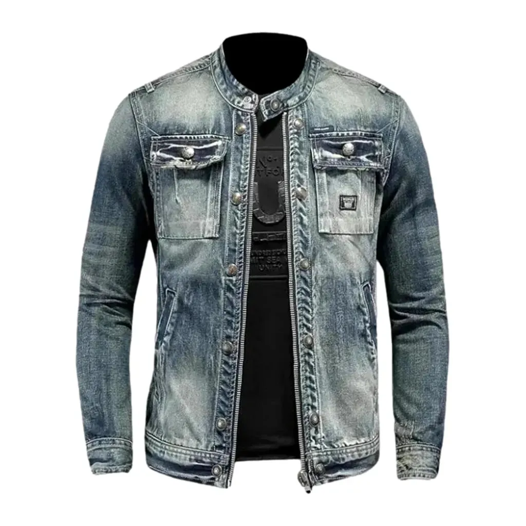 Sanded biker style riding denim jacket for men