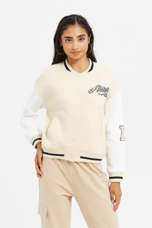 Senior Girls Beige And White Baseball Jackets